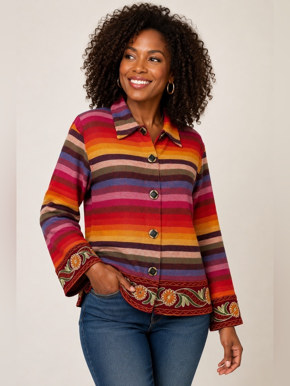 Tan-Zara Tantrums Western Aztec Embroidered Rainbow Button Front Jacket size SP